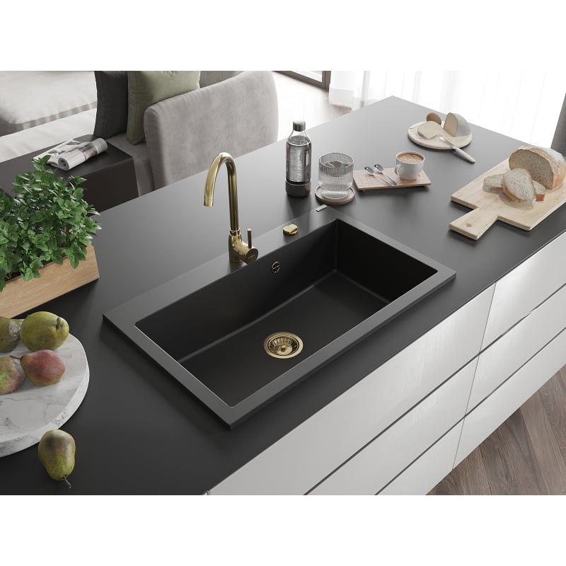 Mexen Elix Granitspüle 1-Kammer 800 x 500 mm, schwarz, Siphon gold - 6527801005-77-G