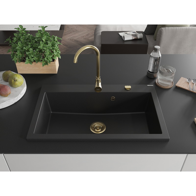Mexen Elix Granitspüle 1-Kammer 800 x 500 mm, schwarz, Siphon gold - 6527801005-77-G