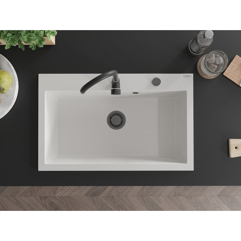 Mexen Elix Granitspüle 1-becken 800 x 500 mm, weiß, schwarzer Siphon - 6527801005-20-B