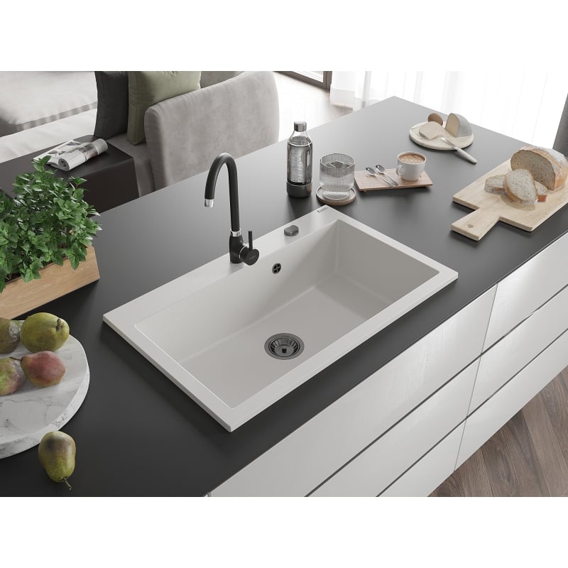 Mexen Elix Granitspüle 1-becken 800 x 500 mm, weiß, schwarzer Siphon - 6527801005-20-B