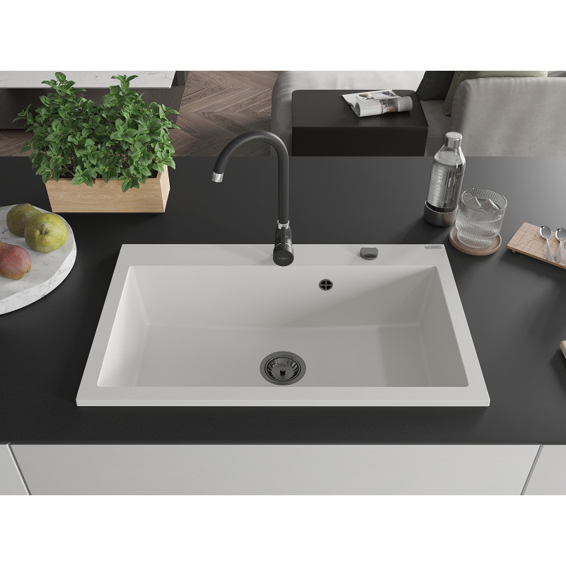 Mexen Elix Granitspüle 1-becken 800 x 500 mm, weiß, schwarzer Siphon - 6527801005-20-B