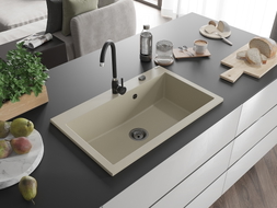 Mexen Elix Granitspüle 1-Becken 800 x 500 mm, beige, schwarzer Siphon - 6527801005-69-B
