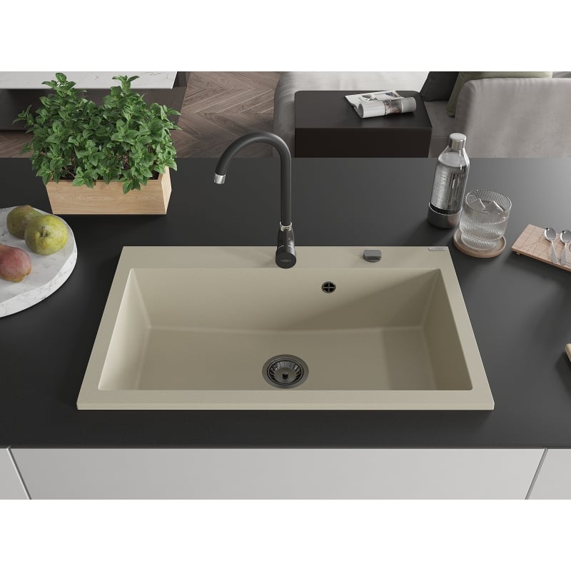 Mexen Elix Granitspüle 1-Becken 800 x 500 mm, beige, schwarzer Siphon - 6527801005-69-B
