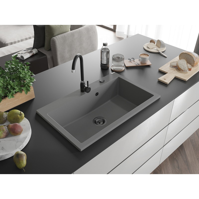 Mexen Elix Granitspüle 1-Becken 800 x 500 mm, grau, schwarzer Siphon - 6527801005-71-B
