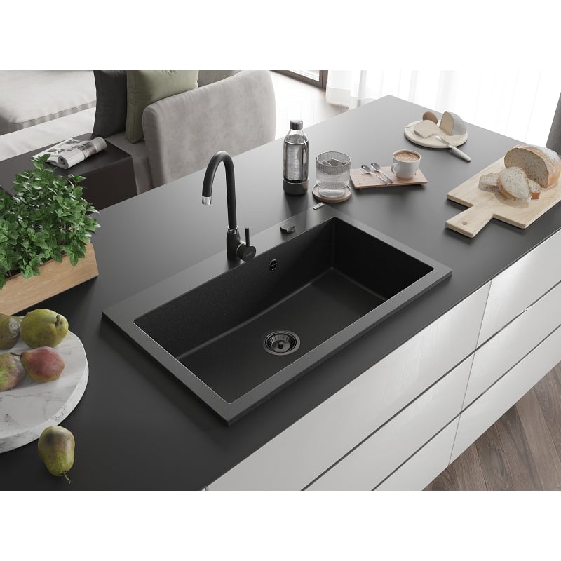 Mexen Elix Granitspüle 1-beckig 800 x 500 mm, schwarz/silber metallic, schwarzer Siphon - 6527801005-73-B