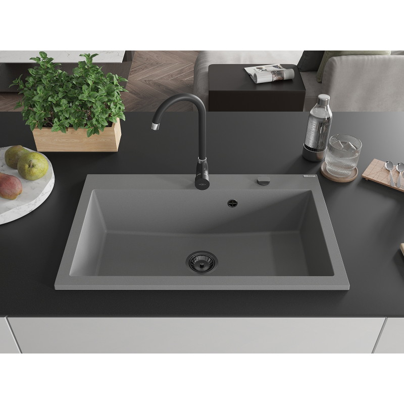 Mexen Elix Granitspüle 1-Becken 800 x 500 mm, grau, schwarzer Siphon - 6527801005-71-B
