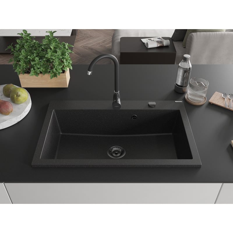 Mexen Elix Granitspüle 1-beckig 800 x 500 mm, schwarz/silber metallic, schwarzer Siphon - 6527801005-73-B