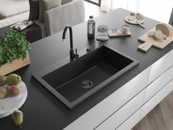 Mexen Elix Granitspüle 1-beckig 800 x 500 mm, schwarz/gold metallic, schwarzer Siphon - 6527801005-75-B