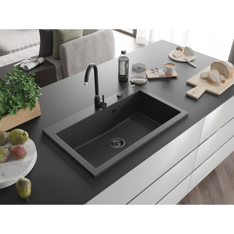Mexen Elix Granitspüle 1-Becken 800 x 500 mm, Schwarz gesprenkelt, Schwarzer Siphon - 6527801005-76-B