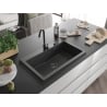 Mexen Elix Granitspüle 1-Becken 800 x 500 mm, Schwarz gesprenkelt, Schwarzer Siphon - 6527801005-76-B