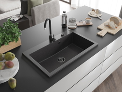 Mexen Elix Granitspüle 1-Becken 800 x 500 mm, Schwarz gesprenkelt, Schwarzer Siphon - 6527801005-76-B