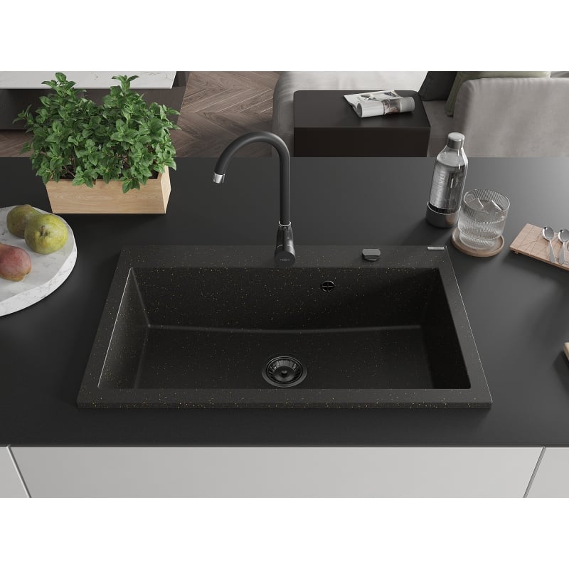 Mexen Elix Granitspüle 1-beckig 800 x 500 mm, schwarz/gold metallic, schwarzer Siphon - 6527801005-75-B