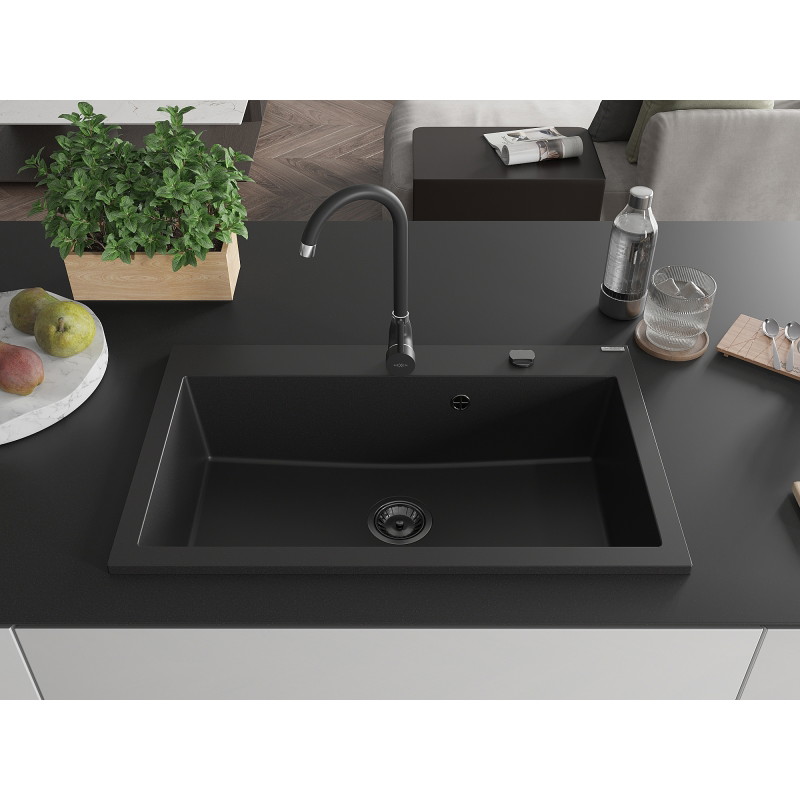 Mexen Elix granitspüle 1-becken 800 x 500 mm, schwarz, schwarze syphon - 6527801005-77-B