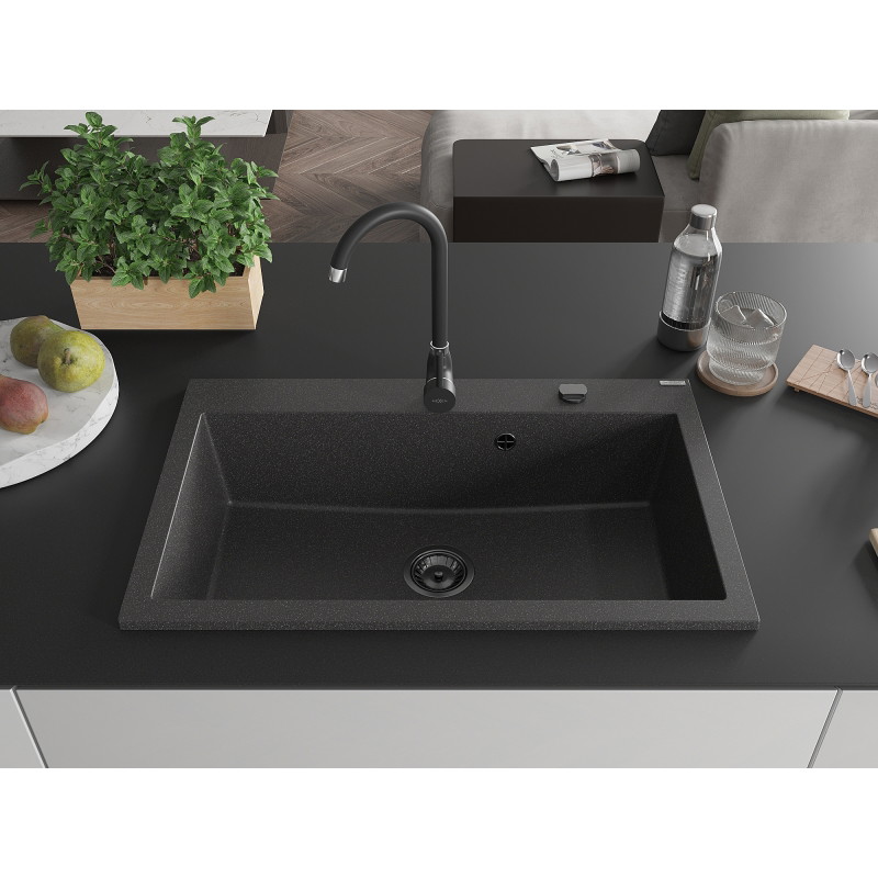 Mexen Elix Granitspüle 1-Becken 800 x 500 mm, Schwarz gesprenkelt, Schwarzer Siphon - 6527801005-76-B
