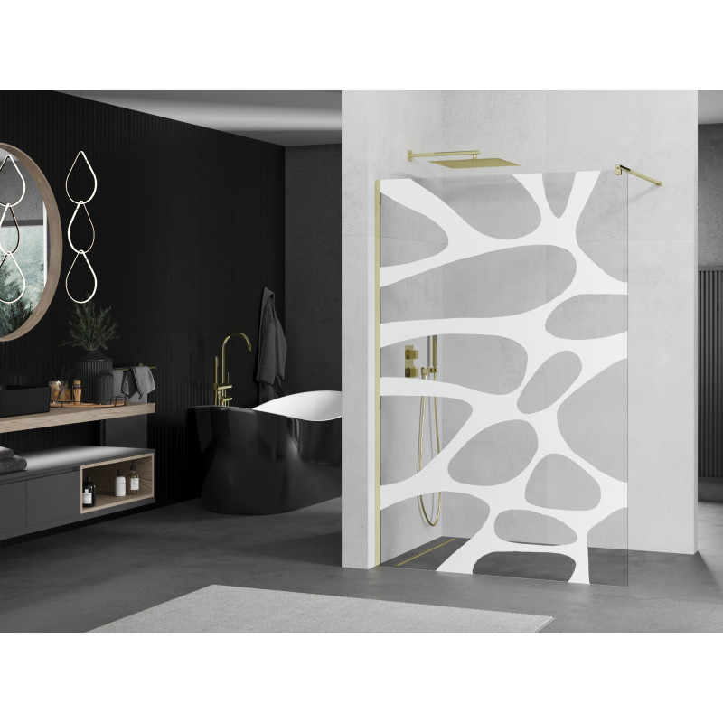Mexen Kioto Duschwand Walk-in 130 x 200 cm, weiße Welle 8 mm, gold - 800-130-101-50-97