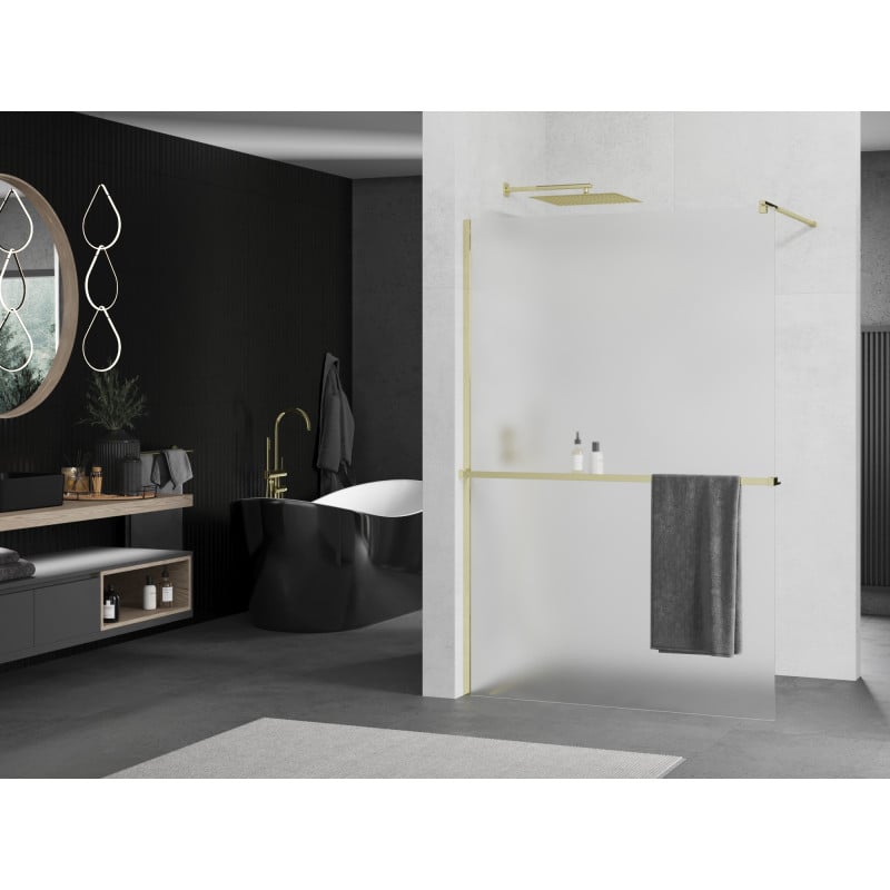 Mexen Kioto+ Duschwand mit Regal Walk-in 120 x 200 cm, Mattglas, Gold - 800-120-121-50-30