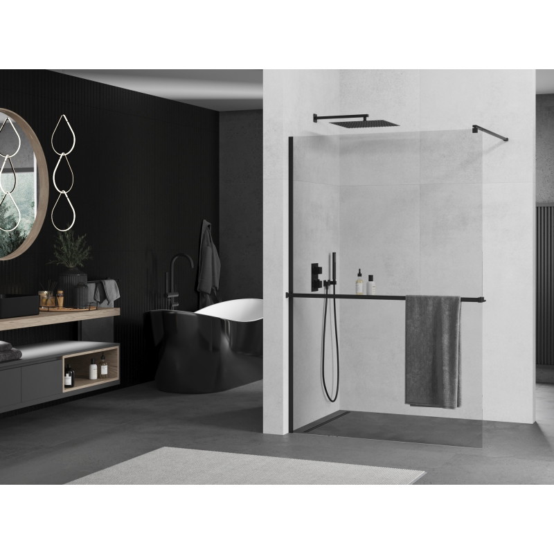 Mexen Kioto+ Duschwand mit Ablage Walk-in 110 x 200 cm, transparent, schwarz - 800-110-121-70-00