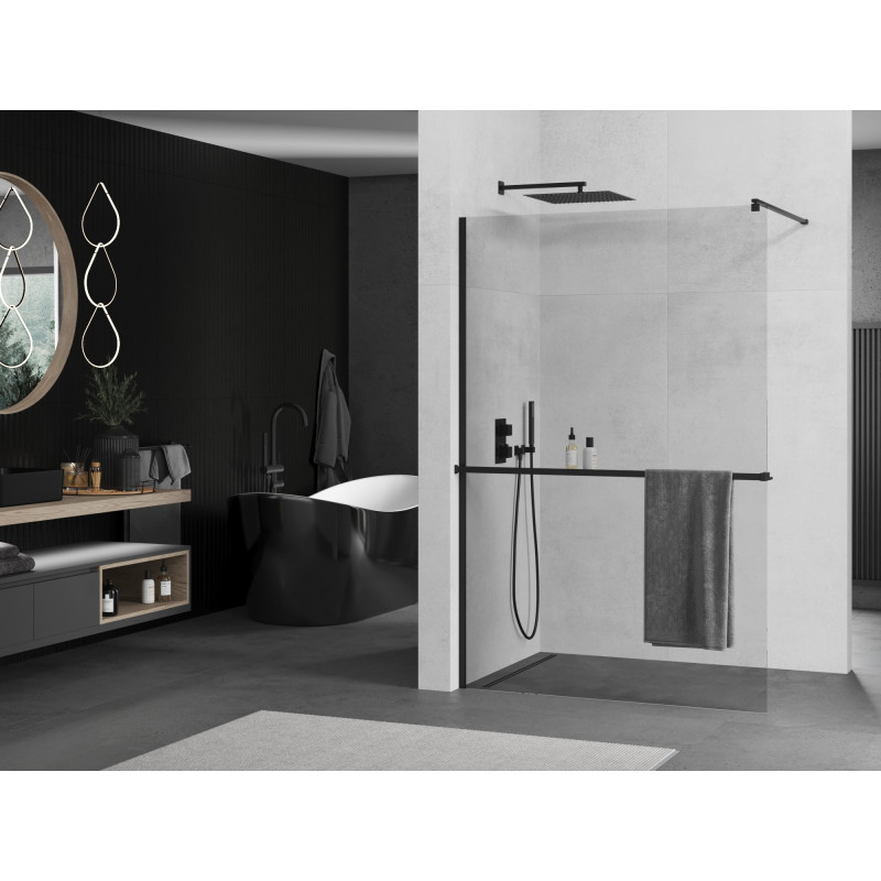 Mexen Kioto+ Duschwand mit Ablage Walk-in 130 x 200 cm, transparent, schwarz - 800-130-121-70-00