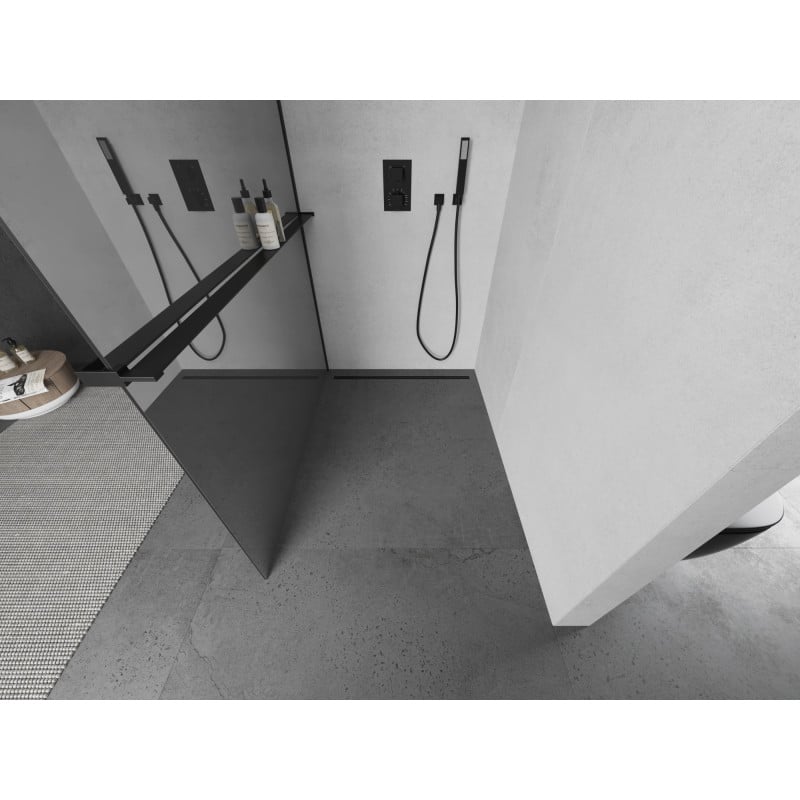 Mexen Kioto+ Duschwand mit Ablage Walk-in 100 x 200 cm, Spiegel, Schwarz - 800-100-121-70-50
