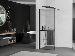 Mexen Kioto+ Duschwand mit Ablage Walk-in 90 x 200 cm, schwarzes Gitter, schwarz - 800-090-121-70-77