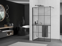 Mexen Kioto+ Duschwand mit Ablage Walk-in 120 x 200 cm, schwarzes Gitter, schwarz - 800-120-121-70-77