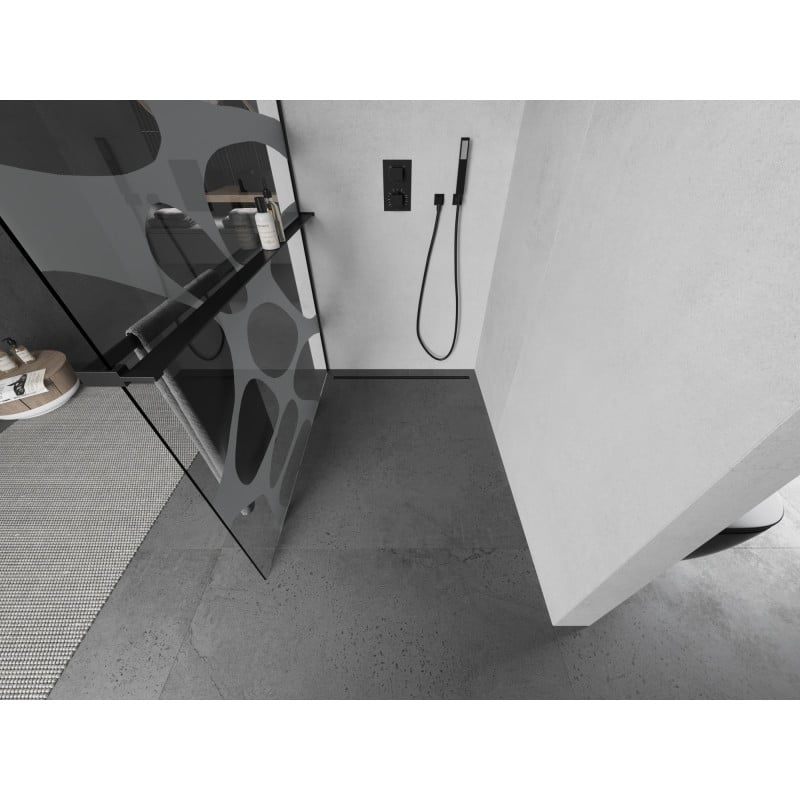 Mexen Kioto+ Duschwand mit Regal Walk-in 90 x 200 cm, weiße Welle, schwarz - 800-090-121-70-97