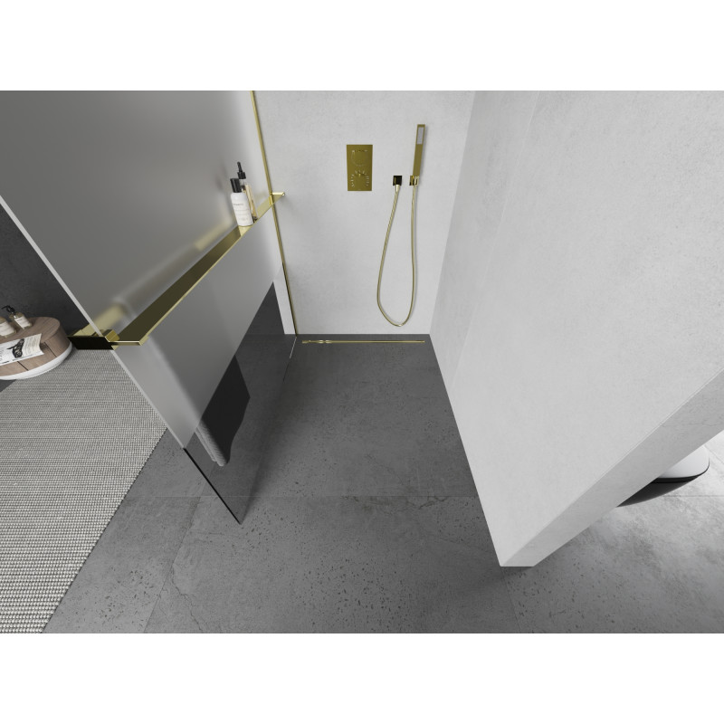Mexen Kioto+ Duschwand mit Ablage Walk-in 80 x 200 cm, transparent/matt, gold - 800-080-121-50-35