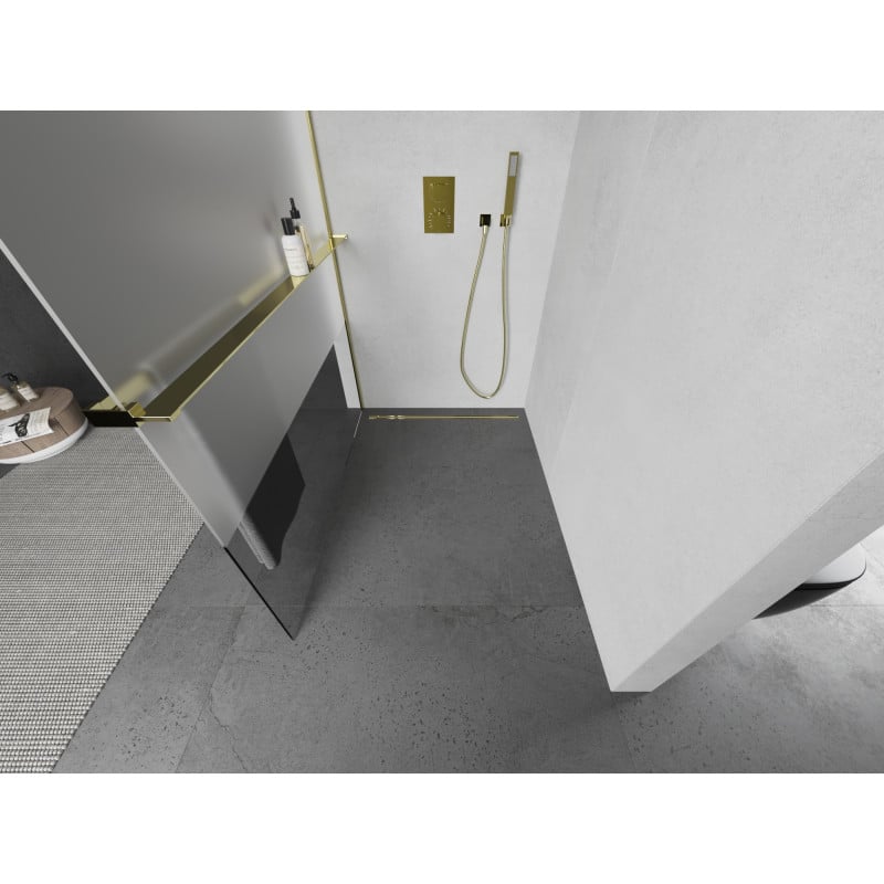 Mexen Kioto+ Duschwand mit Regal Walk-in 80 x 200 cm, transparent/frost, gold - 800-080-121-50-35