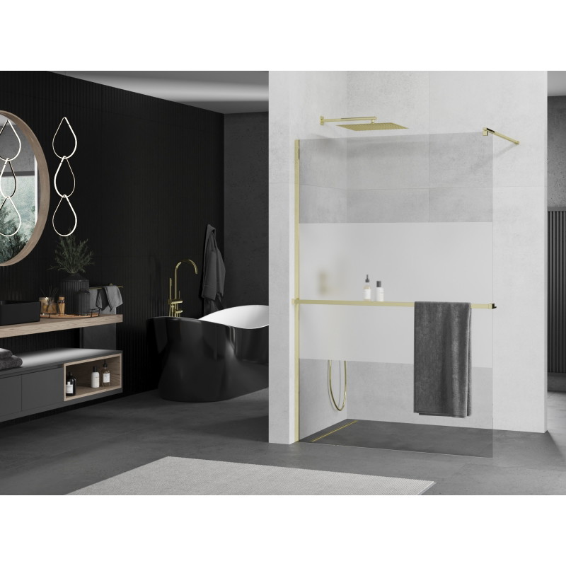 Mexen Kioto+ Duschwand mit Regal Walk-in 90 x 200 cm, transparent/satiniert, gold - 800-090-121-50-35