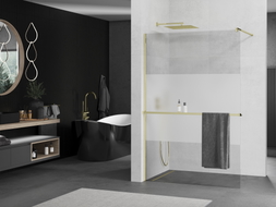 Mexen Kioto+ Duschwand mit Regal Walk-in 90 x 200 cm, Transparent/Frost, Gold - 800-090-121-50-35