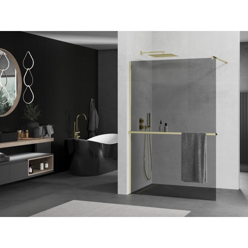 Mexen Kioto+ Duschwand mit Ablage Walk-in 120 x 200 cm, Graphit, Gold - 800-120-121-50-40