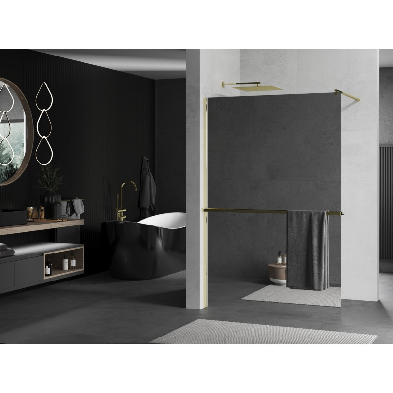 Mexen Kioto+ Duschwand mit Regal Walk-in 90 x 200 cm, Spiegel, Gold - 800-090-121-50-50