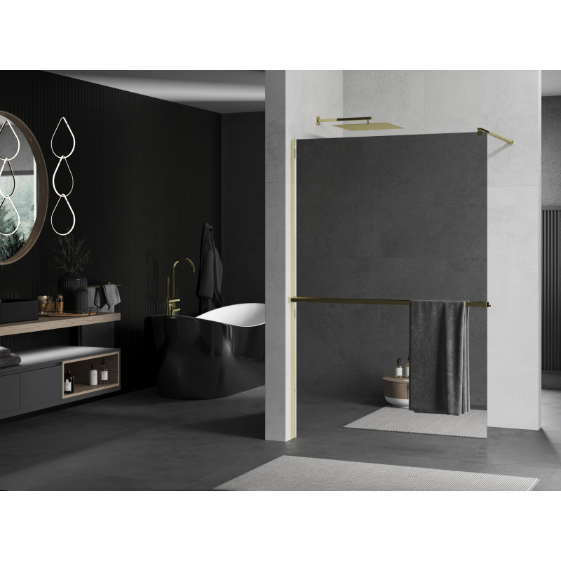 Mexen Kioto+ Duschwand mit Regal Walk-in 100 x 200 cm, Spiegel, Gold - 800-100-121-50-50