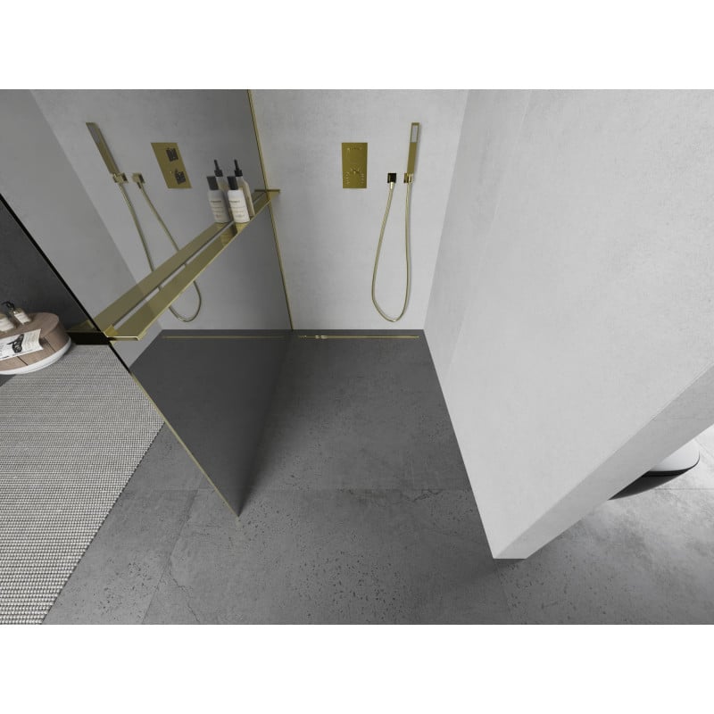 Mexen Kioto+ Duschwand mit Ablage Walk-in 120 x 200 cm, Spiegel, Gold - 800-120-121-50-50