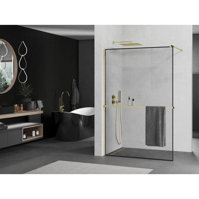 Mexen Kioto+ Duschwand mit Regal Walk-in 70 x 200 cm, schwarzer Rahmen, gold - 800-070-121-50-70