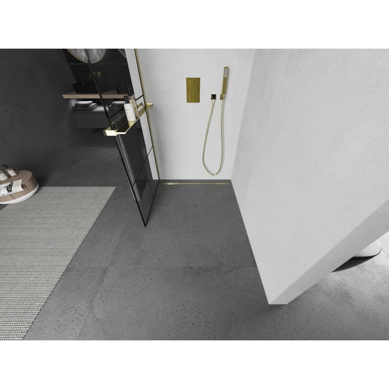 Mexen Kioto+ Duschwand mit Regal Walk-in 70 x 200 cm, schwarzes Gitter, gold - 800-070-121-50-77