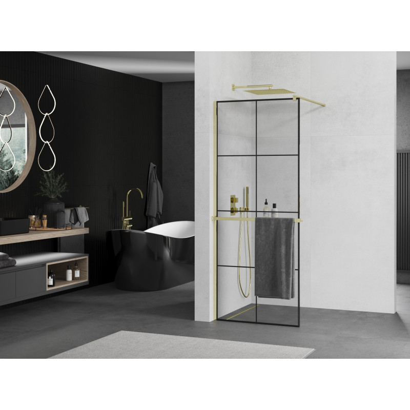 Mexen Kioto+ Duschwand mit Regal Walk-in 90 x 200 cm, schwarzes Gitter, gold - 800-090-121-50-77