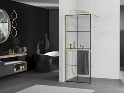 Mexen Kioto+ Duschwand mit Regal Walk-in 90 x 200 cm, schwarzes Gitter, gold - 800-090-121-50-77
