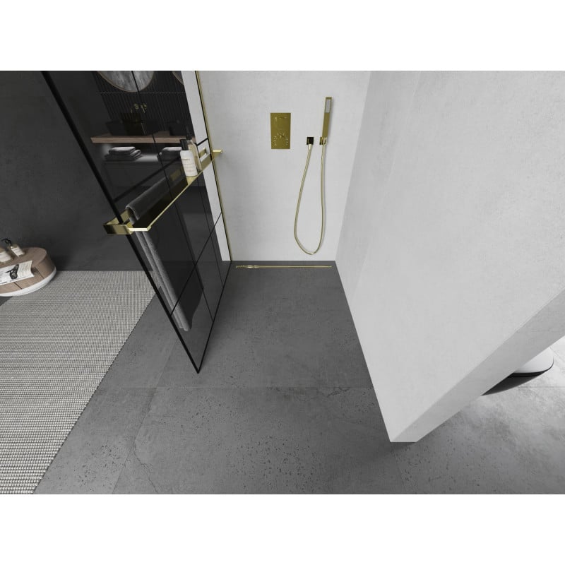 Mexen Kioto+ Duschwand mit Ablage Walk-in 100 x 200 cm, schwarzes Gitter, gold - 800-100-121-50-77