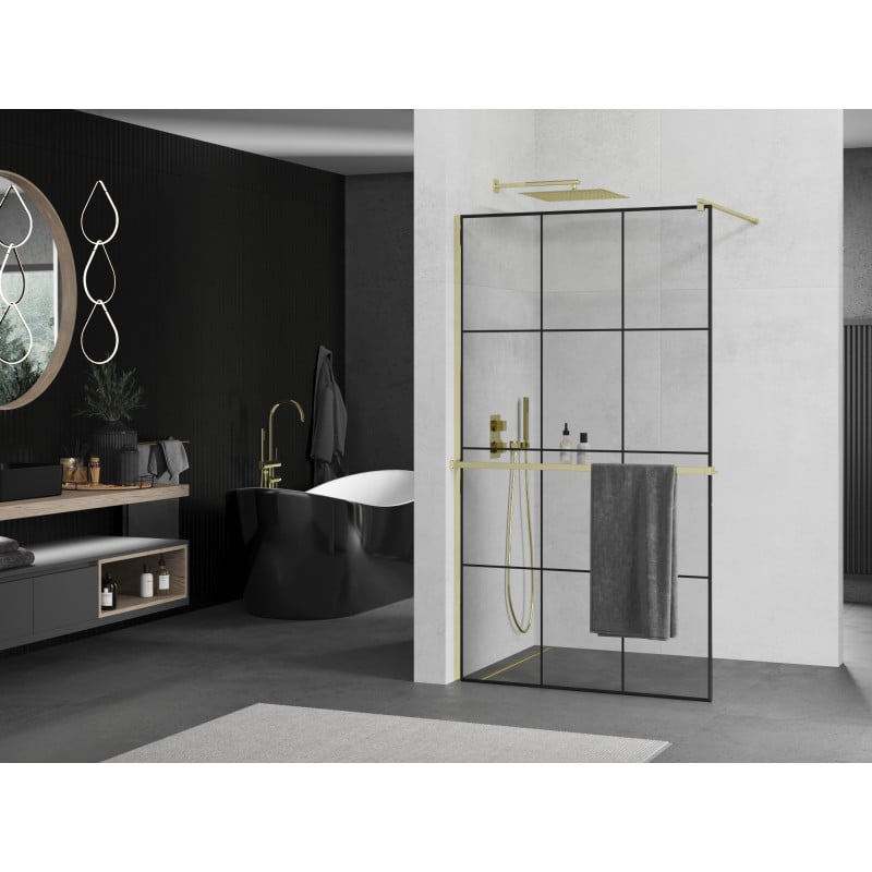 Mexen Kioto+ Duschwand mit Regal Walk-in 110 x 200 cm, schwarzes Gitter, golden - 800-110-121-50-77
