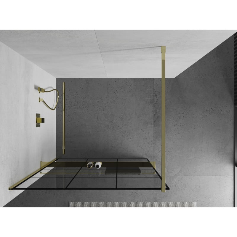 Mexen Kioto+ Duschwand mit Regal Walk-in 110 x 200 cm, schwarzes Gitter, golden - 800-110-121-50-77