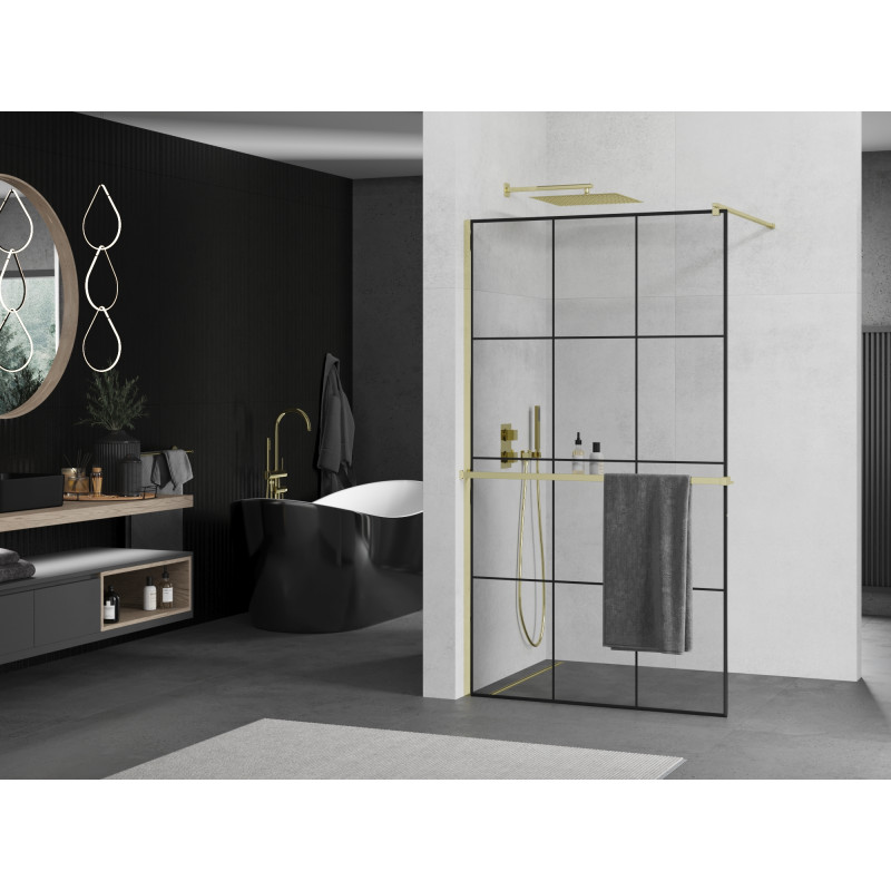 Mexen Kioto+ Duschwand mit Regal Walk-in 120 x 200 cm, schwarzes Gitter, gold - 800-120-121-50-77