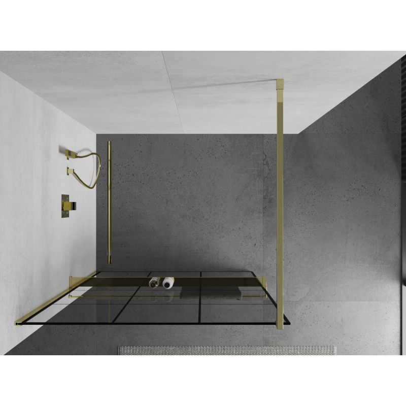 Mexen Kioto+ Duschwand mit Regal Walk-in 120 x 200 cm, schwarzes Gitter, gold - 800-120-121-50-77