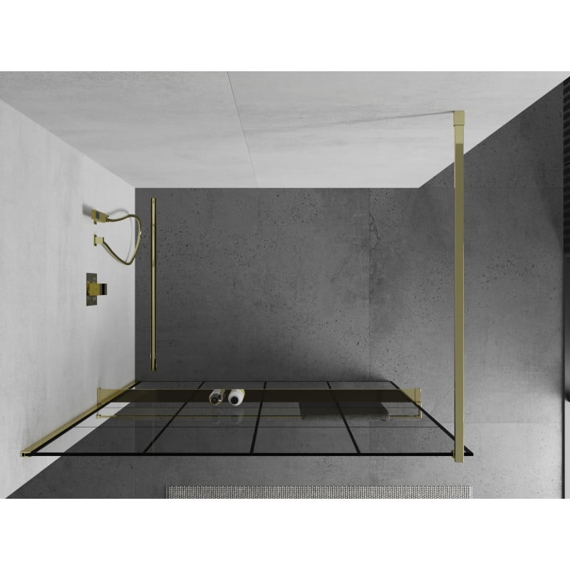 Mexen Kioto+ Duschwand mit Regal, Walk-in 130 x 200 cm, schwarzes Gitter, gold - 800-130-121-50-77