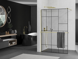 Mexen Kioto+ Duschwand mit Regal Walk-in 90 x 200 cm, schwarzes Muster, Gold - 800-090-121-50-78