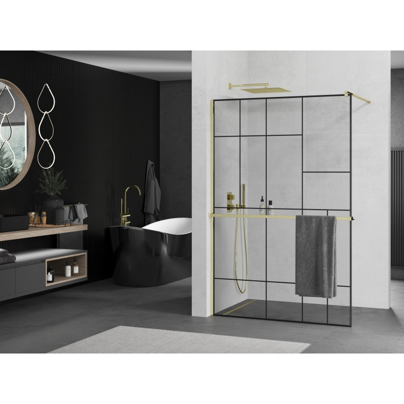 Mexen Kioto+ Duschwand mit Regal Walk-in 130 x 200 cm, schwarzes Muster, Gold - 800-130-121-50-78