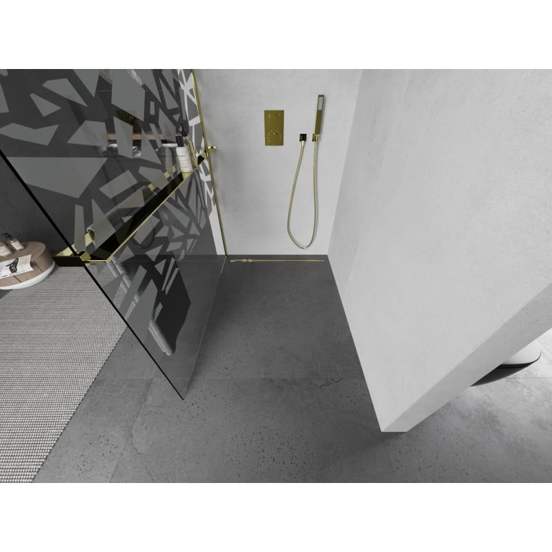 Mexen Kioto+ Duschwand mit Ablage Walk-in 110 x 200 cm, weißes Muster, gold - 800-110-121-50-85