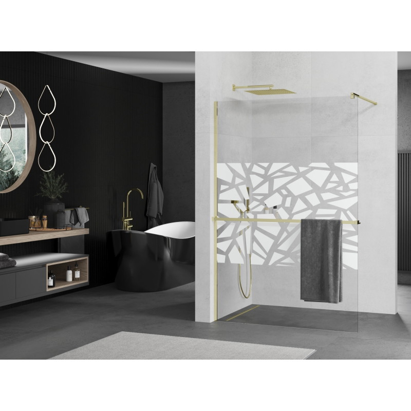 Mexen Kioto+ Duschwand mit Regal Walk-in 110 x 200 cm, weißes Muster, Gold - 800-110-121-50-85
