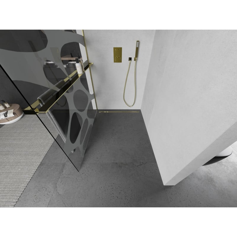 Mexen Kioto+ Duschwand mit Ablage Walk-in 90 x 200 cm, weiße Welle, gold - 800-090-121-50-97