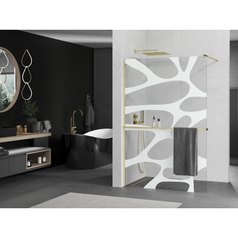 Mexen Kioto+ Duschwand mit Regal Walk-in 110 x 200 cm, weiße Welle, gold - 800-110-121-50-97